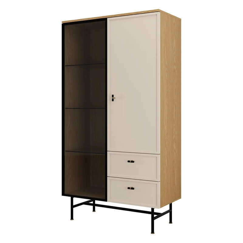Elora Wohnzimmer-Set 5-teilig mit Vitrine, Sideboard, TV-Lowboard, Konsolentisch und Couchtisch – Frühlingseiche / Macadamia