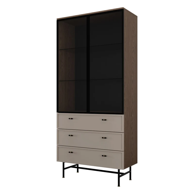 Elora Wohnzimmer-Set 4-teilig mit Vitrine, Kommode, Highboard und Couchtisch – Baltic Storm / Toffee