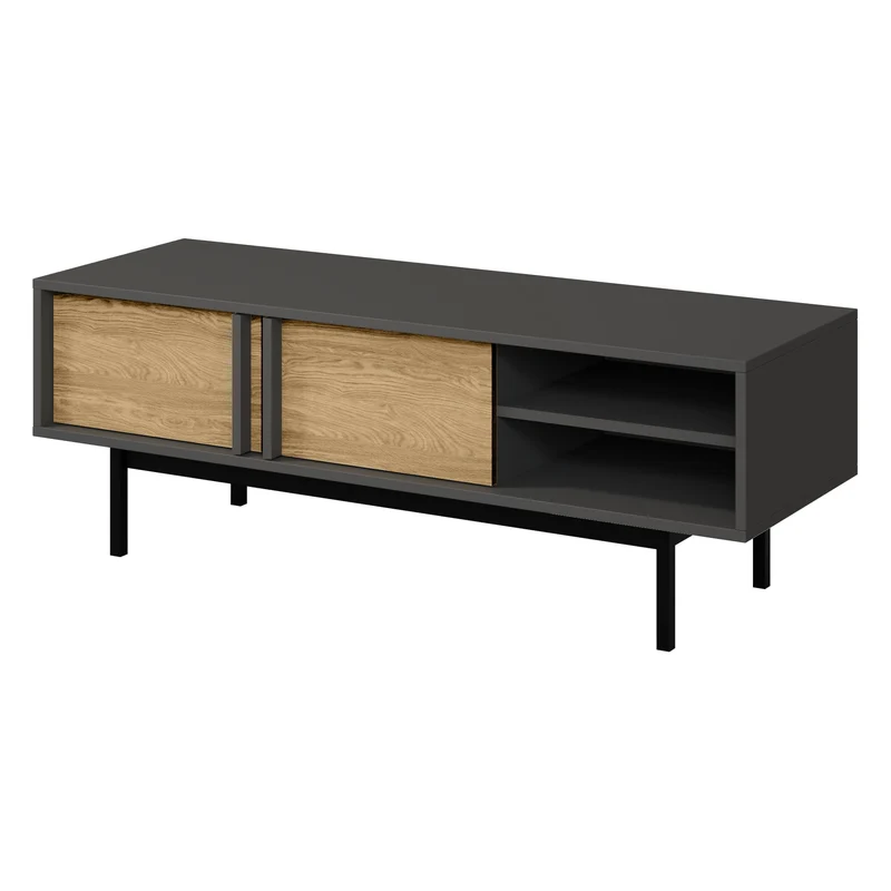 Alsy Wohnzimmer-Set 2-teilig mit Regal mit Tür und Schubladen und TV-Lowboard – Anthrazit / Eiche geölt