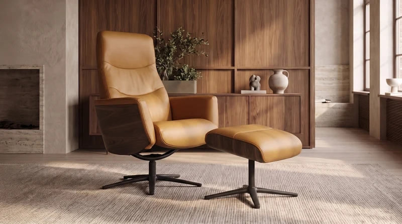 KAWOLA Relaxsessel VANITAS Drehsessel Leder cognac mit Hocker
