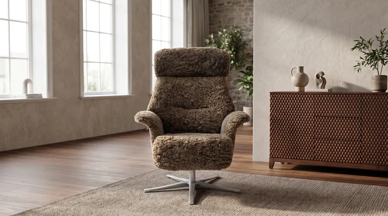 KAWOLA Sessel TOSAR Relaxsessel drehbar Schaffell grau mit Hocker