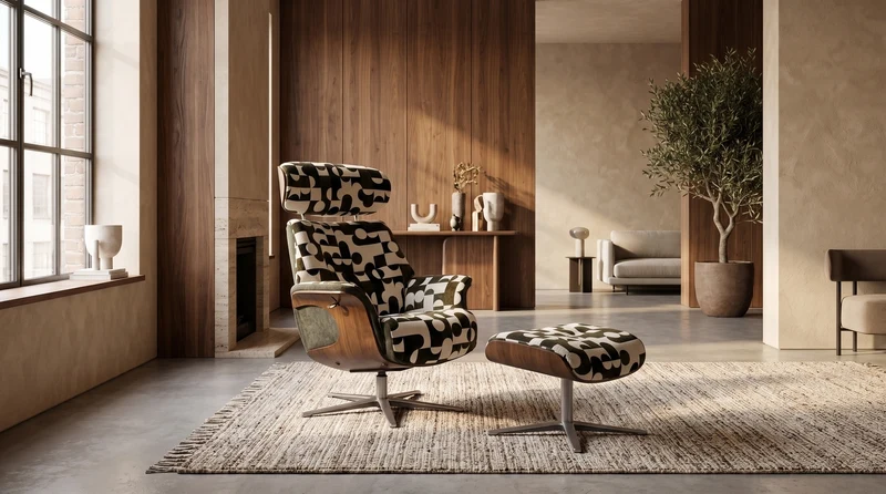 KAWOLA Sessel TOSAR Relaxsessel drehbar Stoff Retro-Design grün mit Hocker