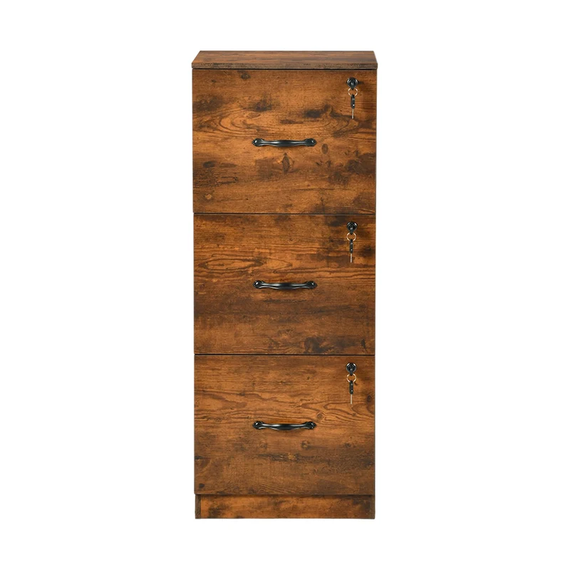 Aktenschrank mit 3 abschließbaren Schubladen – Weiß/Schwarz/Vintage-Braun