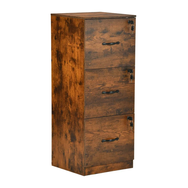 Aktenschrank mit 3 abschließbaren Schubladen – Weiß/Schwarz/Vintage-Braun