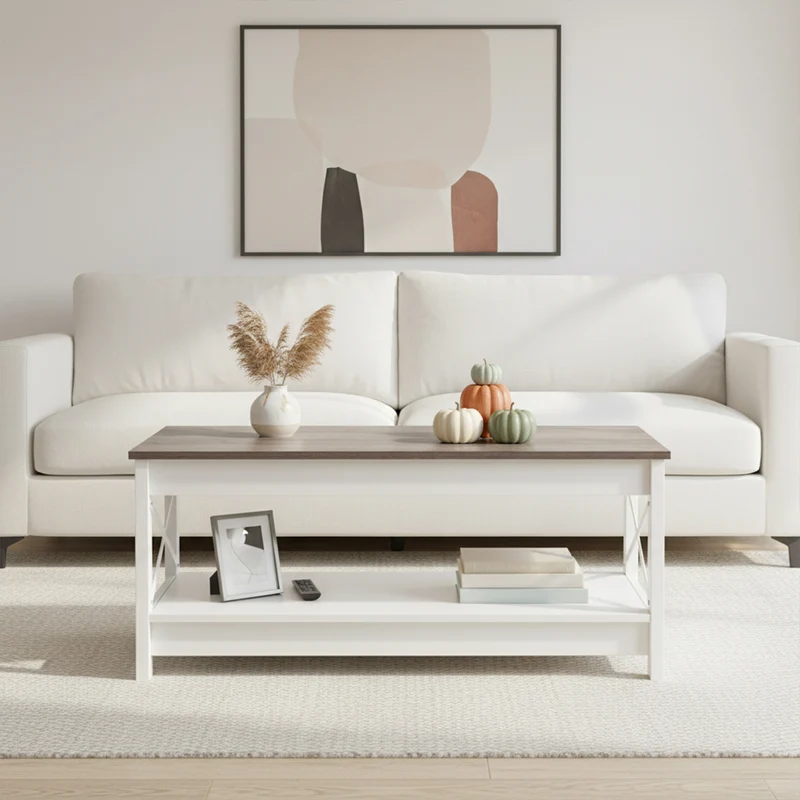 Zweistöckiger Couchtisch im Landhausstil mit Stauraum, Wohnzimmertisch – Weiß