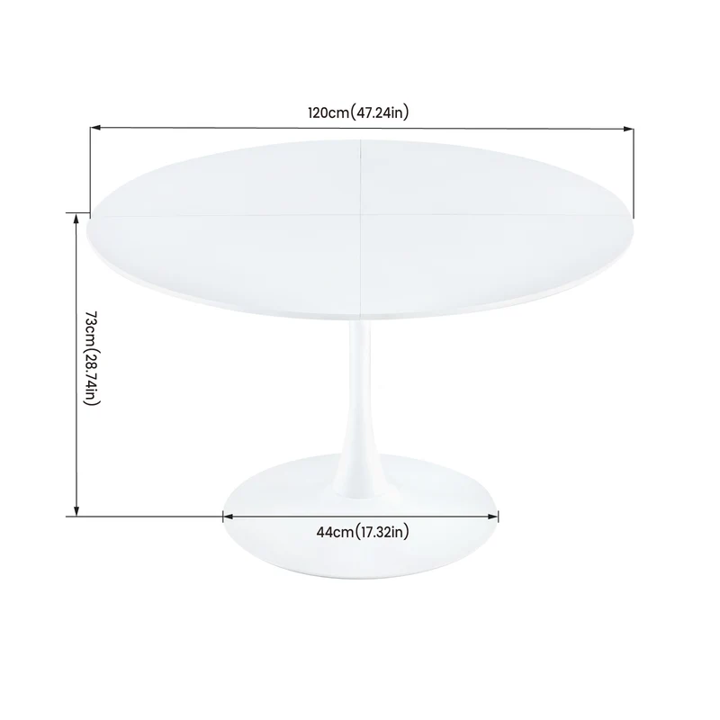 Runder Tisch, 120 cm Durchmesser, mit Eisenbeinen (4-teilig) – Weiß