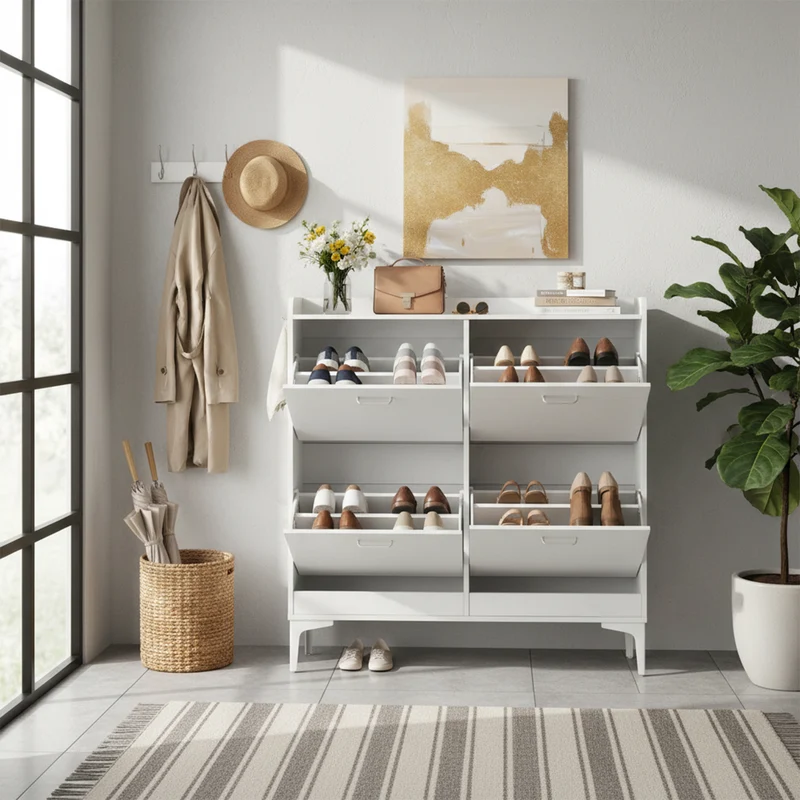 DURHAM Schuhschrank mit 4 Fächern, Schuhregal, 105 x 23 x 103 cm – MDF, Weiß