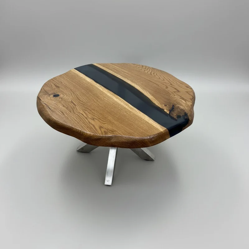 Sale! Epoxidharz Couchtisch aus Eiche | 70 cm Durchmesser | Kreuzgestell Edelstahl