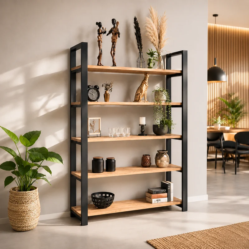 Standregal (Rex) Eiche Massivholz 5 Holzfächer Metallgestell schwarz/weiß