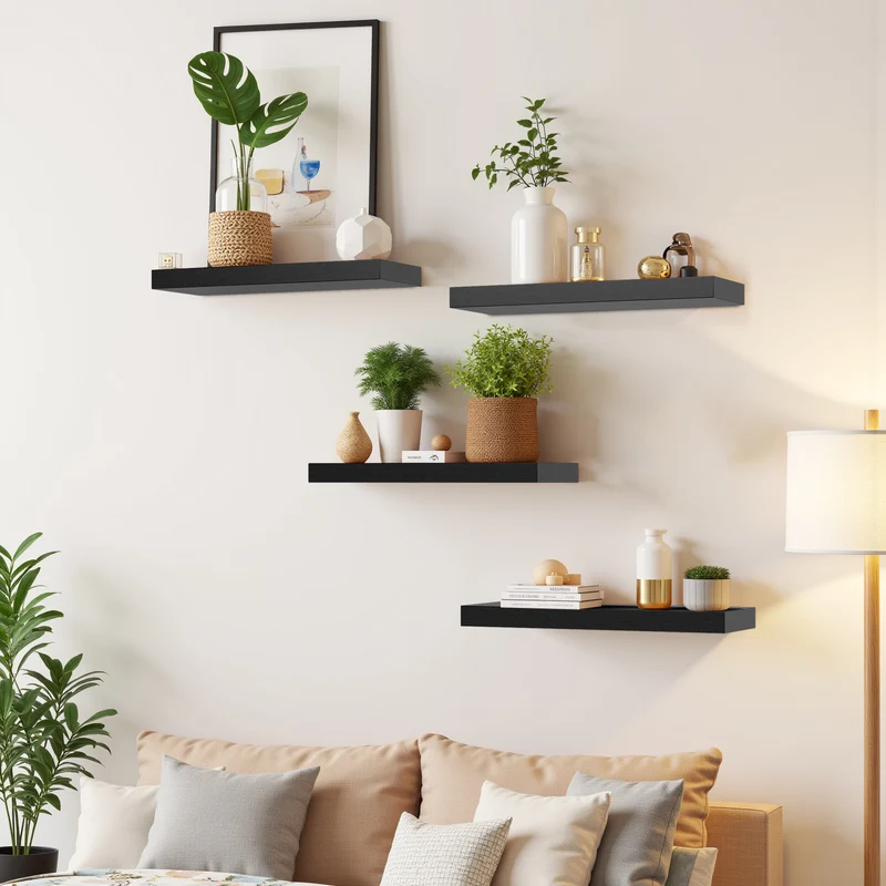 Schwebende Regale zur Wandmontage, 4er-Set, Wandregale für Schlafzimmer, Wohnzimmer, Küche – Schwarz/Weiß/Feuerfarbe
