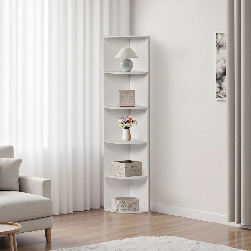 5-stöckiges weißes Eckregal, Fächerdesign, modernes kleines Bücherregal 130 cm – HOBART