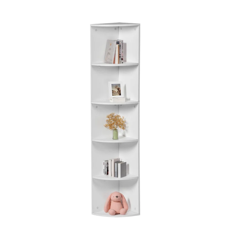 5-stöckiges weißes Eckregal, Fächerdesign, modernes kleines Bücherregal 130 cm – HOBART