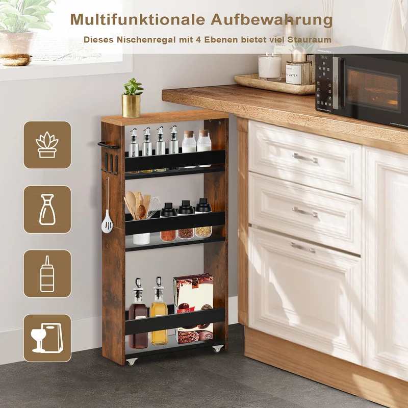 Schmaler Rollwagen mit 4 Ebenen, schlankes Design für die Küche – Feuerfarbe/Weiß – ENTIAT