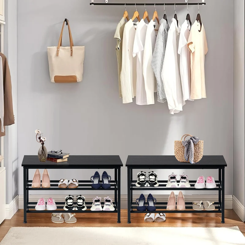 Schuhregal 3-stöckige Schuhbank Badezimmerregal mit Sitz Schwarz-QUEETS