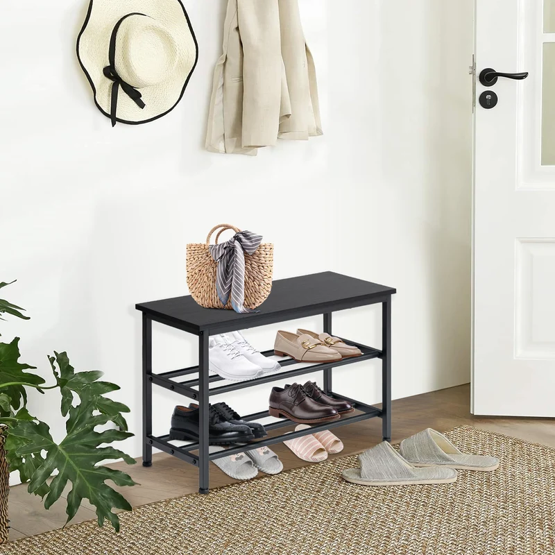 Schuhregal 3-stöckige Schuhbank Badezimmerregal mit Sitz Schwarz-QUEETS