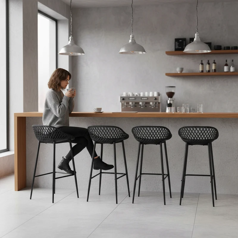 Moderne Barhocker aus Schmiedeeisen, 87 cm hoch, mit durchbrochenen Rückenlehnen, 4er-Set - Schwarz/Weiß