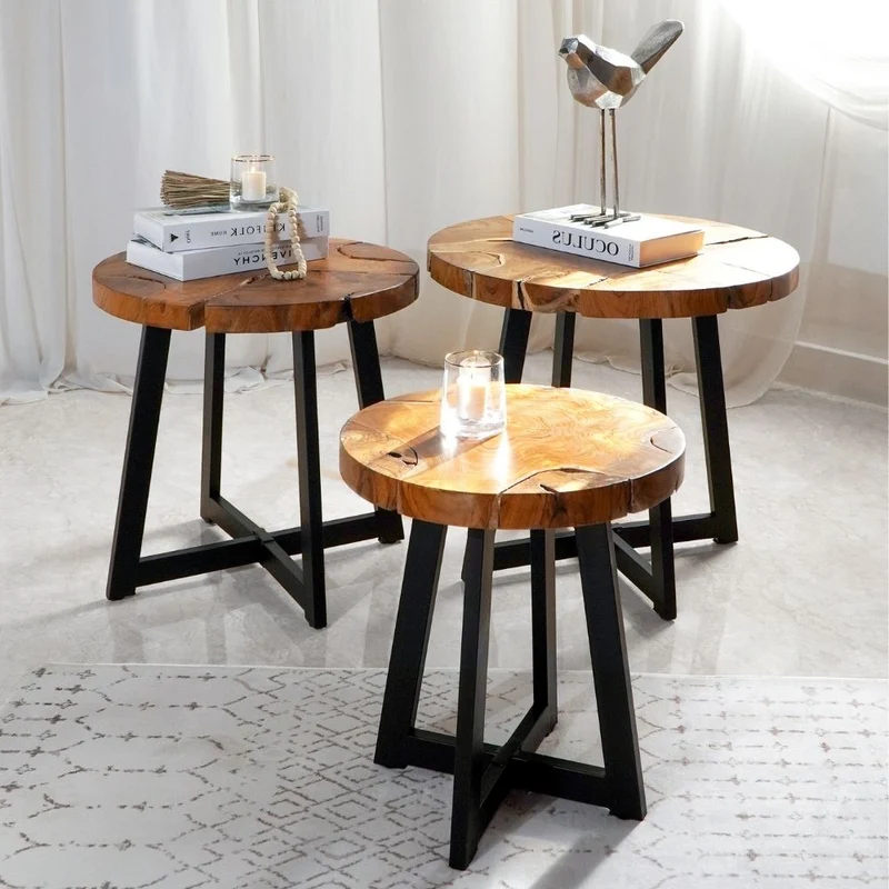 Runder Massivholz Couchtisch BAGIAN 80cm Teak natural Metall