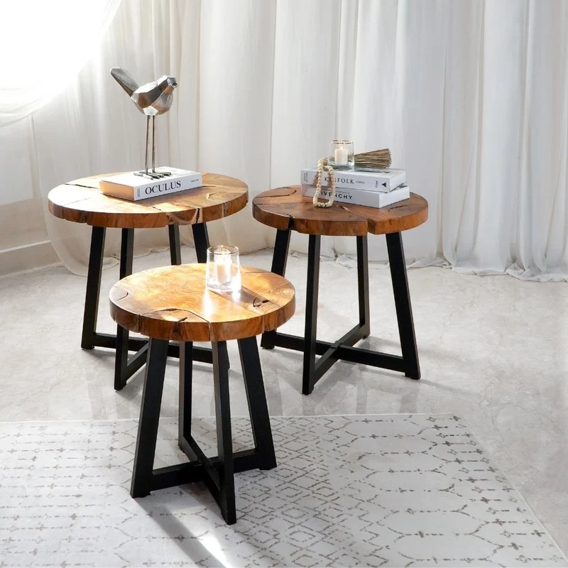Runder Massivholz Beistelltisch BAGIAN 60cm Teak natural Metall