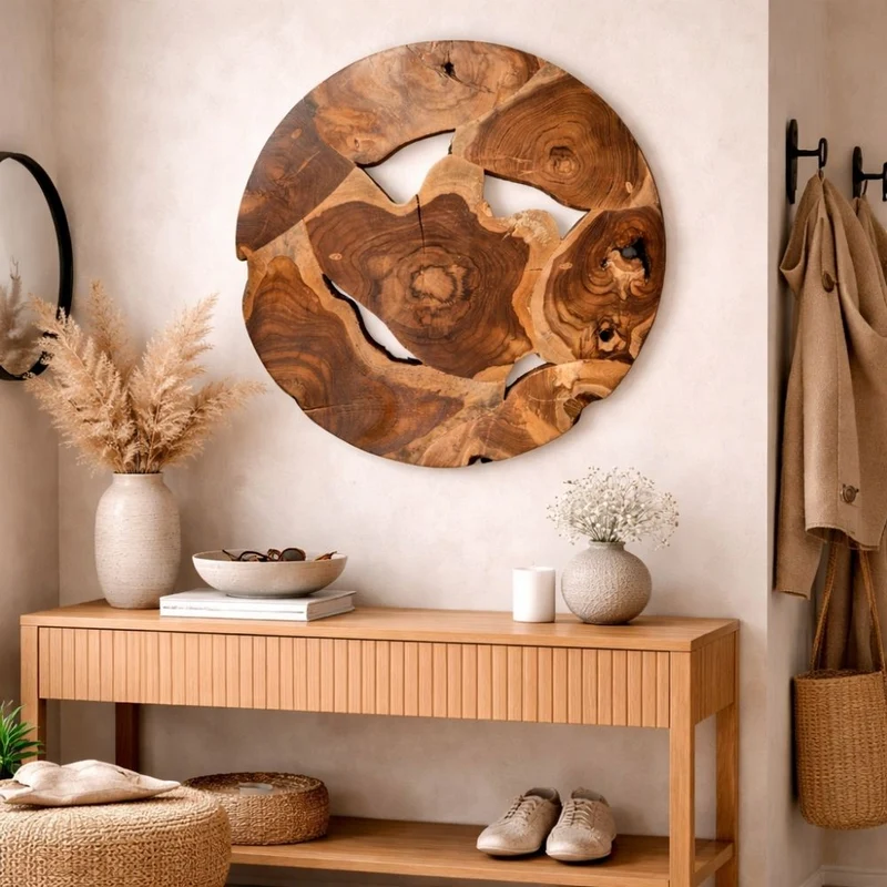 Wand-Deko aus Teakholz BAGIAN rund 80 cm Unikat Wandbild