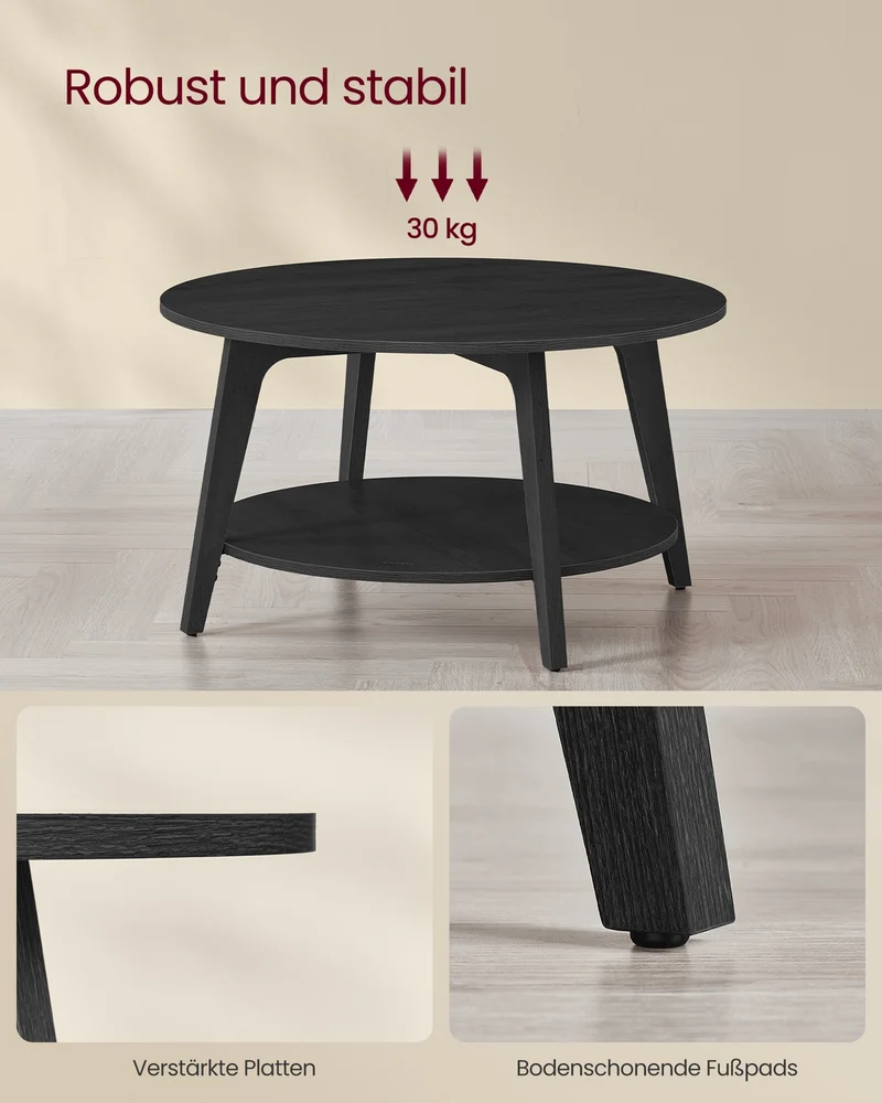 Couchtisch – 2 Ebenen – Spanplatte und MDF – Einfache Montage – 80 cm Rund