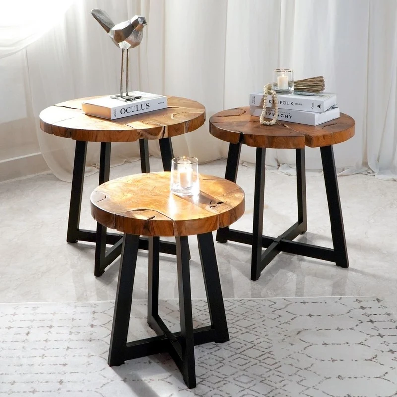 Runder Massivholz Beistelltisch BAGIAN 50cm Teak natural Metall
