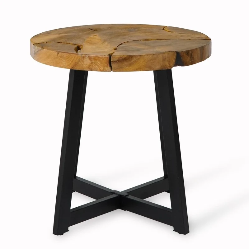 Runder Massivholz Beistelltisch BAGIAN 50cm Teak natural Metall
