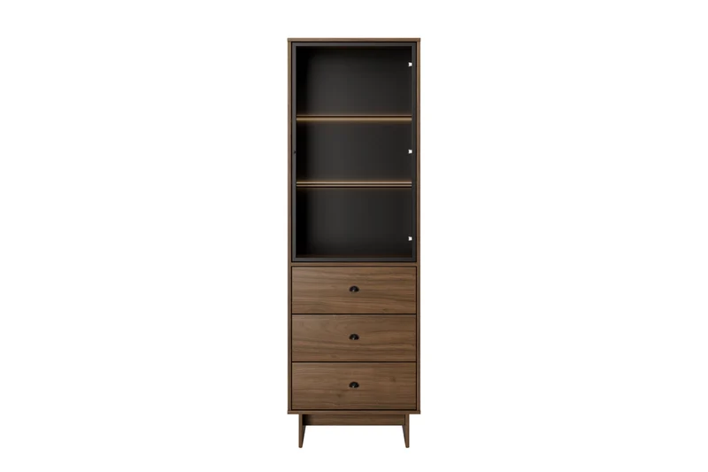 Vitrine Yorvi Walnuss Villa 60 × 185 × 40 cm mit 1 Tür und 3 Schubladen
