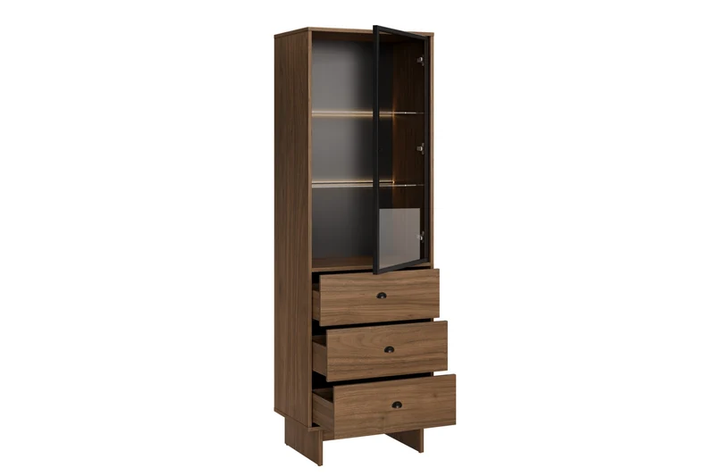 Vitrine Yorvi Walnuss Villa 60 × 185 × 40 cm mit 1 Tür und 3 Schubladen