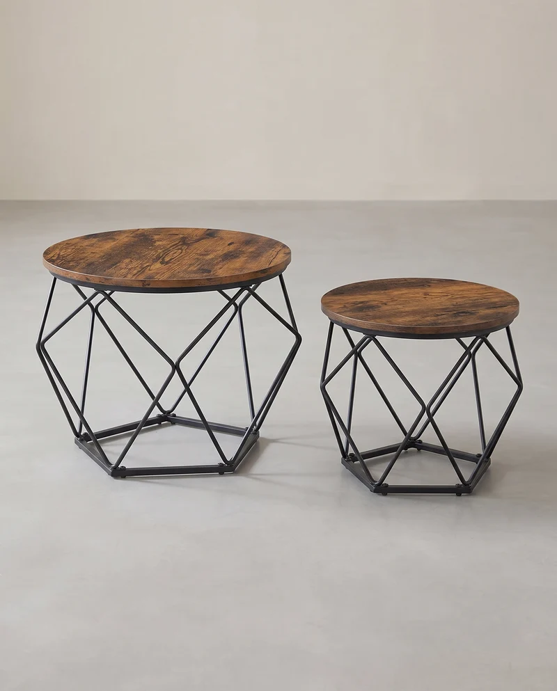 Set von 2 Couchtischen – Industrielles Design – Rund – Metall & Holzoptik