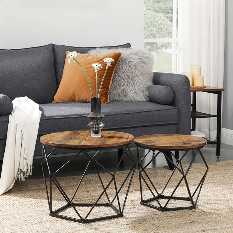 Set von 2 Couchtischen – Industrielles Design – Rund – Metall & Holzoptik