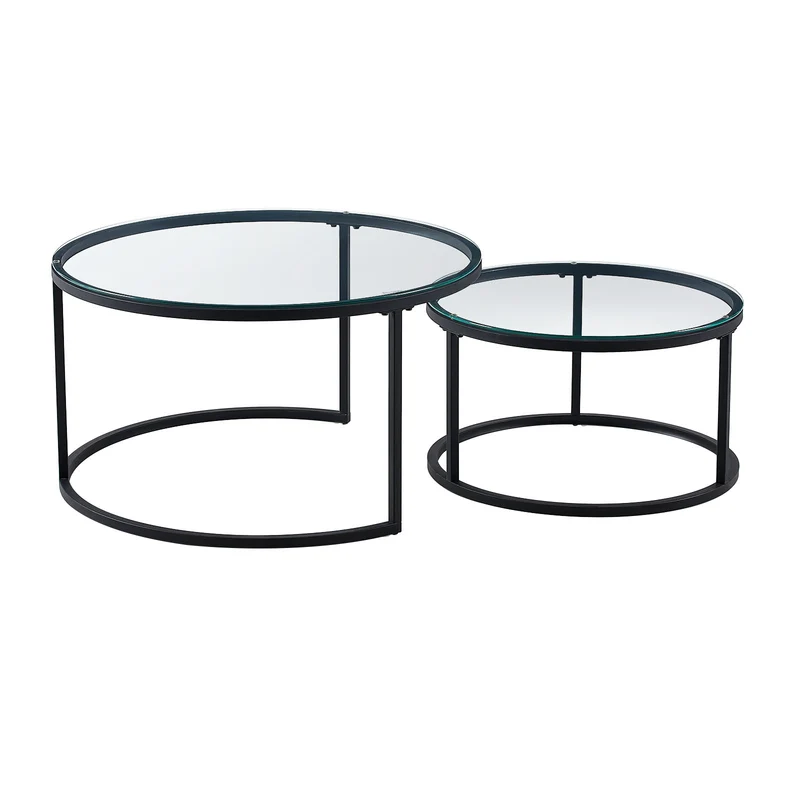 Rundes Couchtisch-Set, 2er-Set, solides Metallgestell und gehärtetes Glas (Gold und Schwarz)