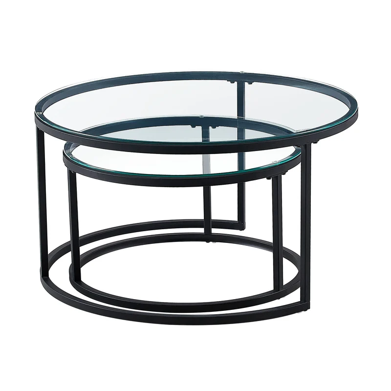 Rundes Couchtisch-Set, 2er-Set, solides Metallgestell und gehärtetes Glas (Gold und Schwarz)