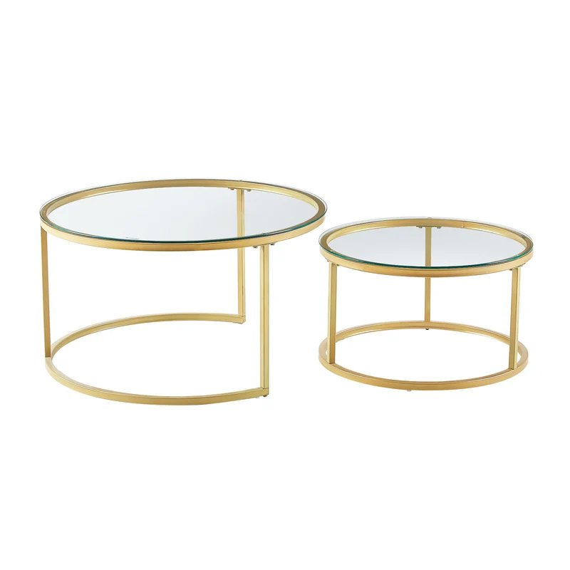Rundes Couchtisch-Set, 2er-Set, solides Metallgestell und gehärtetes Glas (Gold und Schwarz)