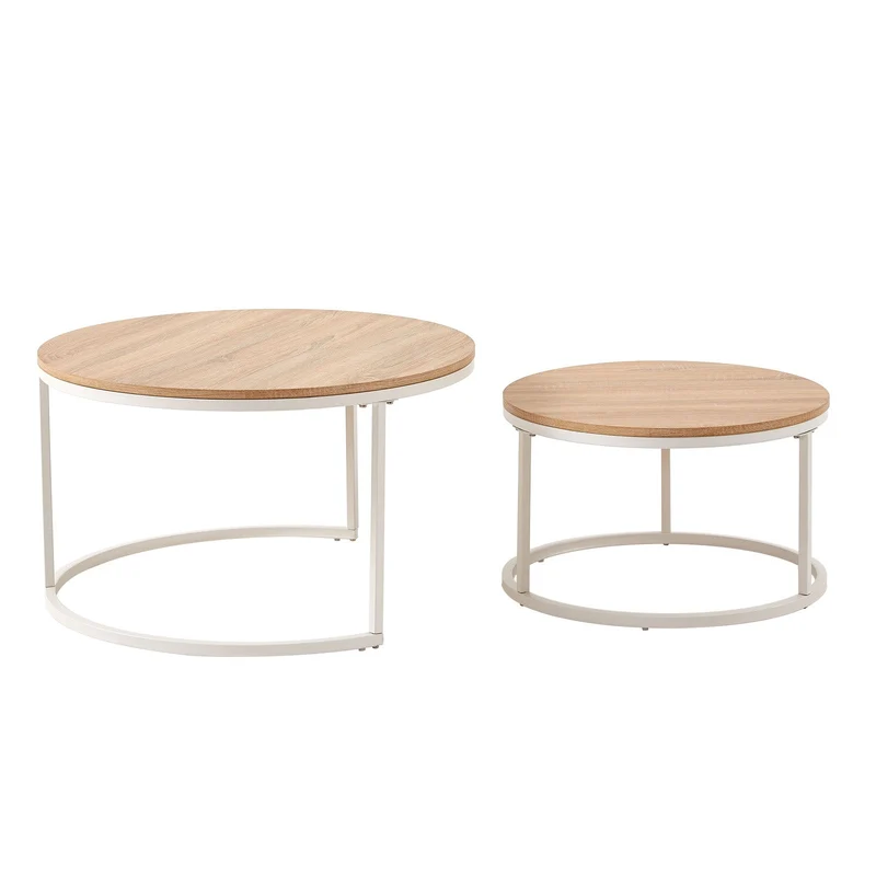 CARB 2er Set Couchtische aus Eisenrahmen - Eiche ¦µ80 * 45cm / ¦µ60 * 35cm - Hellbraun