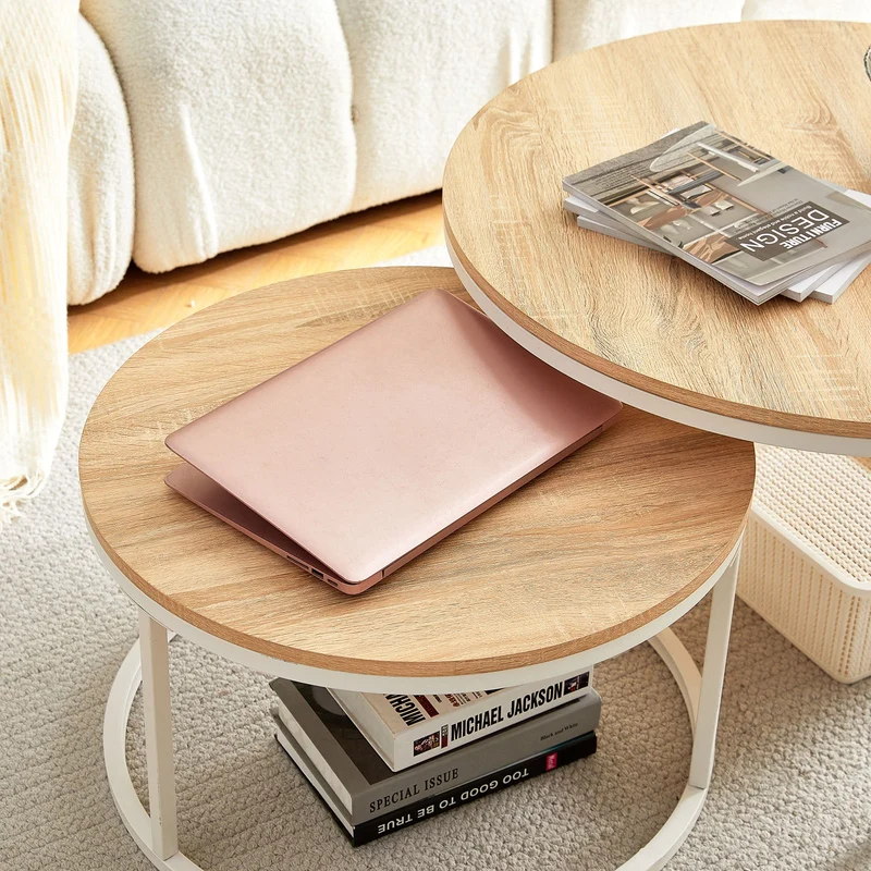 CARB 2er Set Couchtische aus Eisenrahmen - Eiche ¦µ80 * 45cm / ¦µ60 * 35cm - Hellbraun