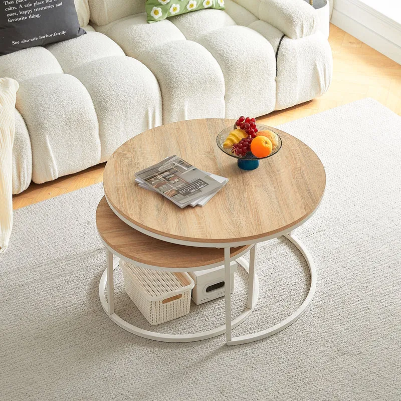 CARB 2er Set Couchtische aus Eisenrahmen - Eiche ¦µ80 * 45cm / ¦µ60 * 35cm - Hellbraun