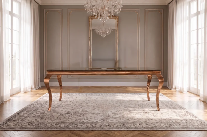 KAWOLA Esstisch AMARA Barock Glas Gestell Edelstahl rosé gold 200x100cm