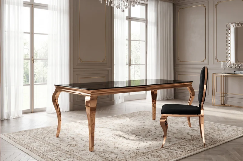 KAWOLA Esstisch AMARA Barock Glas Gestell Edelstahl rosé gold 200x100cm
