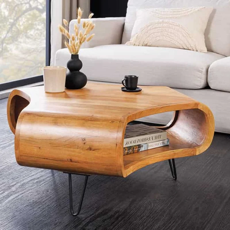 Design Couchtisch LIVE-RANIC 90cm braun Akazienholz mit Stauraum