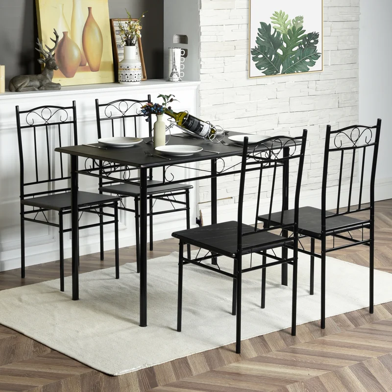 NORSEMAN Marmorierter Esstisch 5er-Set mit 4 Stühlen – 109 x 69 x 75 cm – Weiß/Schwarz/Hellbraun