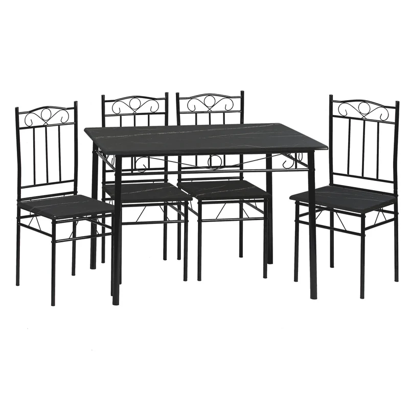 NORSEMAN Marmorierter Esstisch 5er-Set mit 4 Stühlen – 109 x 69 x 75 cm – Weiß/Schwarz/Hellbraun
