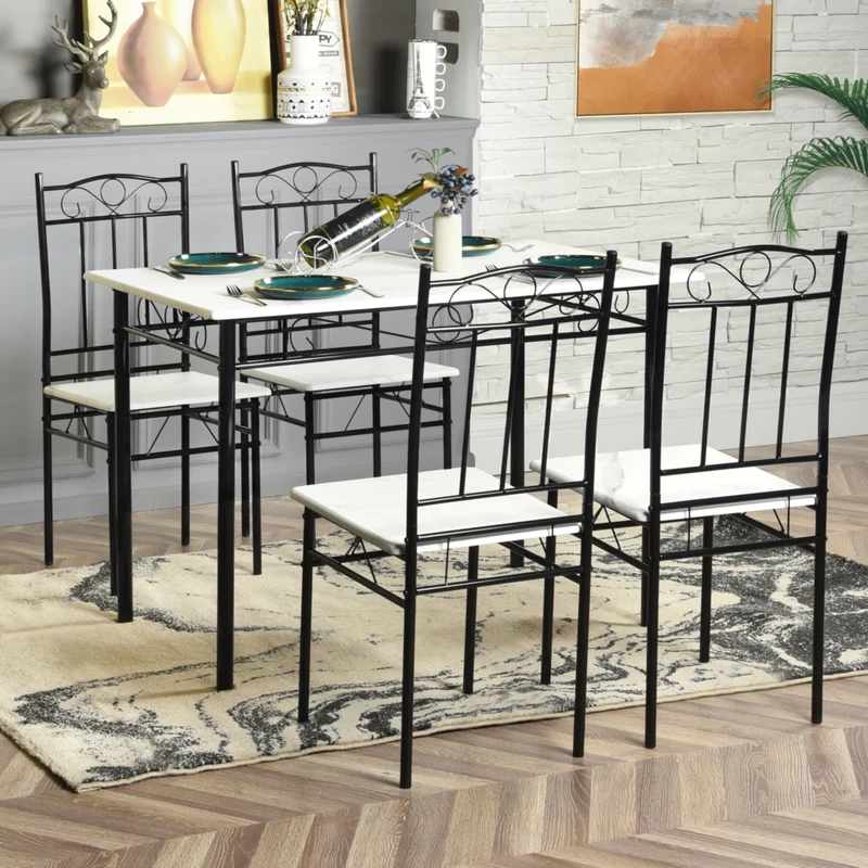 NORSEMAN Marmorierter Esstisch 5er-Set mit 4 Stühlen – 109 x 69 x 75 cm – Weiß/Schwarz/Hellbraun