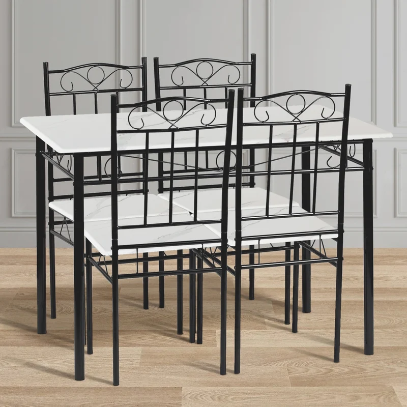 NORSEMAN Marmorierter Esstisch 5er-Set mit 4 Stühlen – 109 x 69 x 75 cm – Weiß/Schwarz/Hellbraun