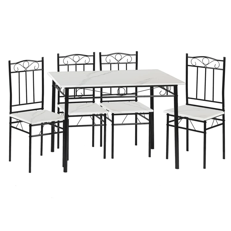 NORSEMAN Marmorierter Esstisch 5er-Set mit 4 Stühlen – 109 x 69 x 75 cm – Weiß/Schwarz/Hellbraun