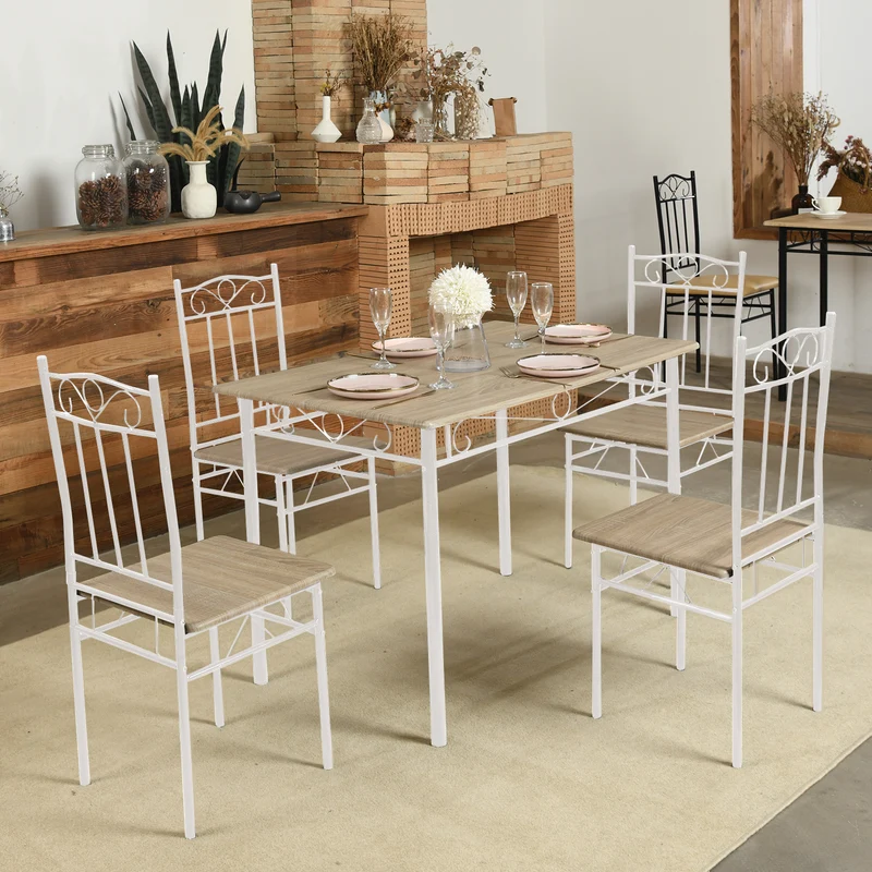 NORSEMAN Marmorierter Esstisch 5er-Set mit 4 Stühlen – 109 x 69 x 75 cm – Weiß/Schwarz/Hellbraun