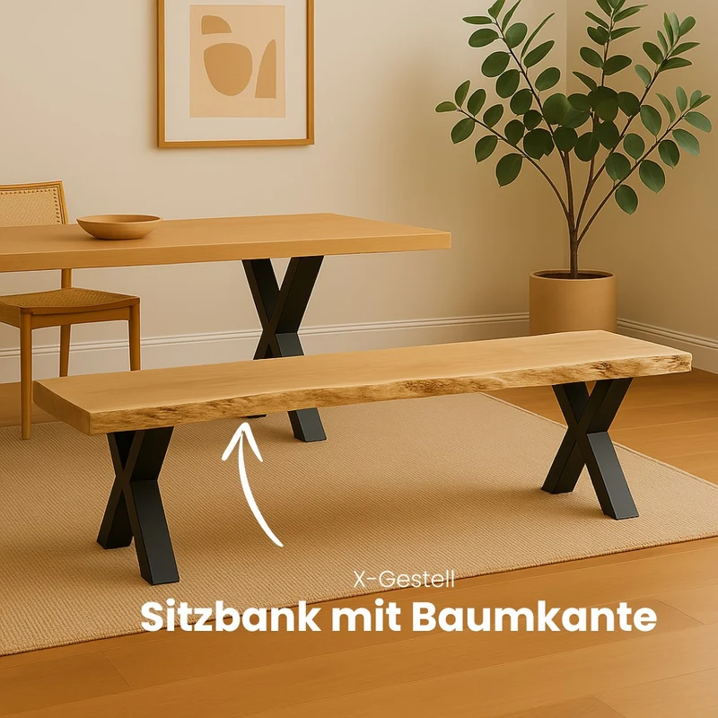 Sitzbank aus Eiche mit Baumkante | verschiedene Gestelle