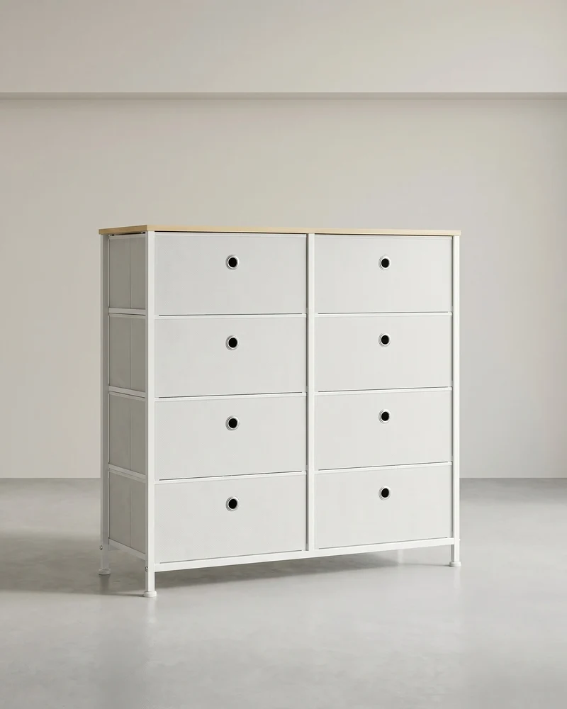 Schuhaufbewahrung – Aufbewahrungsschrank – Metallrahmen – 8 Stoffschubladen – Tischplatte – MDF und Stahl – 30 x 80 x 81,5 cm – 11,5 kg