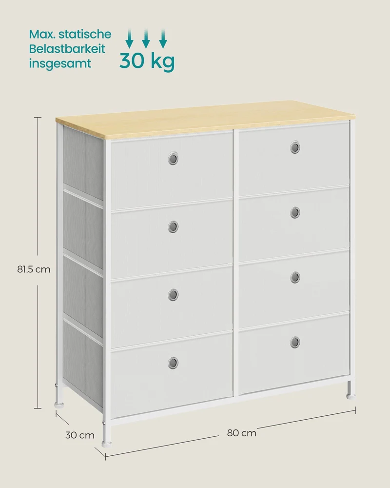 Schuhaufbewahrung – Aufbewahrungsschrank – Metallrahmen – 8 Stoffschubladen – Tischplatte – MDF und Stahl – 30 x 80 x 81,5 cm – 11,5 kg