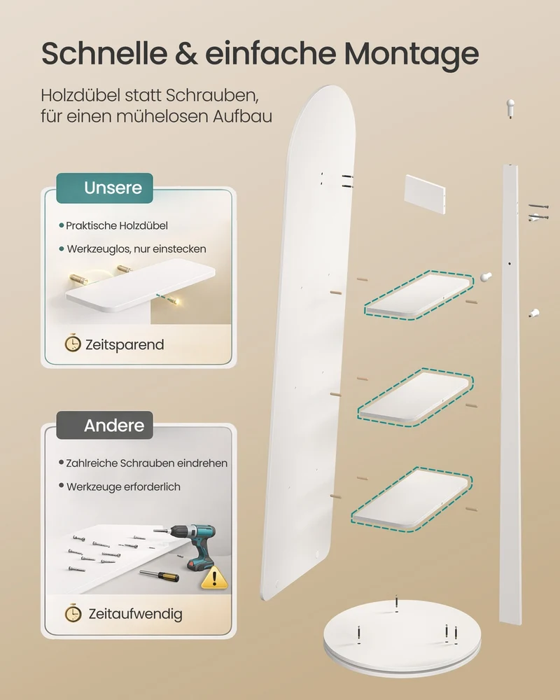 Standspiegel 360° Drehbar - Stehender Spiegel Mit Haken Und Ablagefächern - Weiß