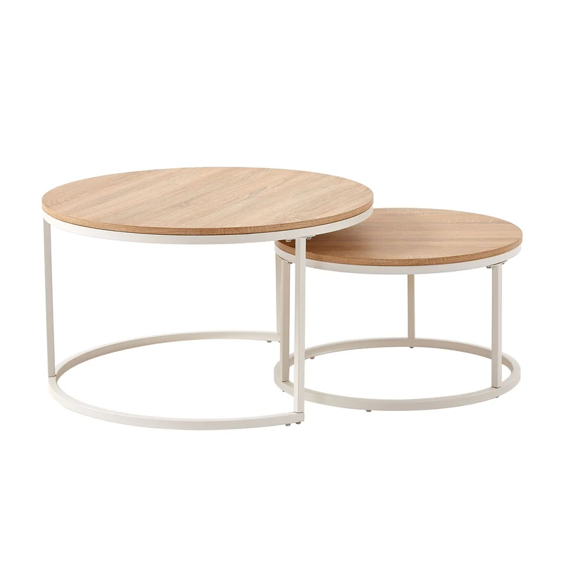 CARB 2er Set Couchtische aus Eisenrahmen - Eiche Φ80 * 45cm / Φ60 * 35cm - Hellbraun